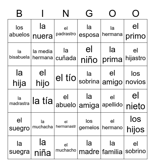 SEN 1 - La familia Bingo Card