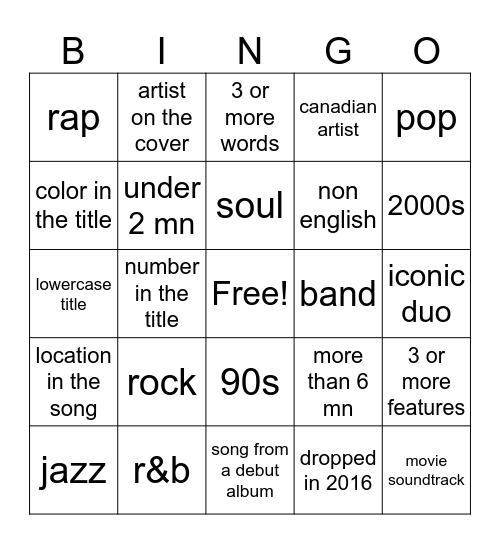 Music Bingo Card