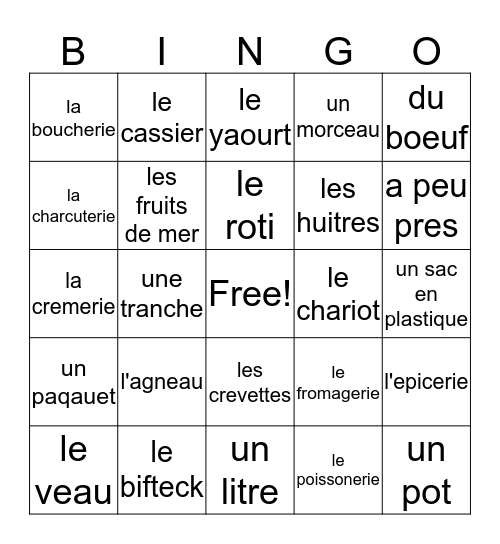 Ch. 3, voc. 1 French 2 Bingo Card