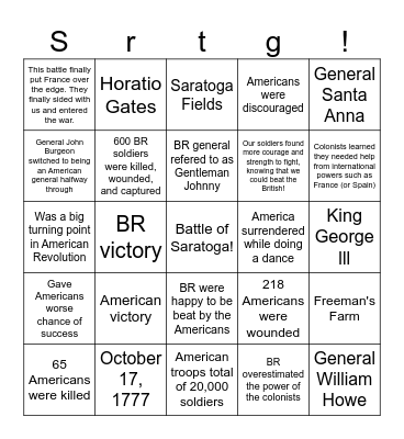 Battle of Saratoga Bingo Card