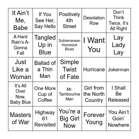 BOB DILLON SONGS Bingo Card