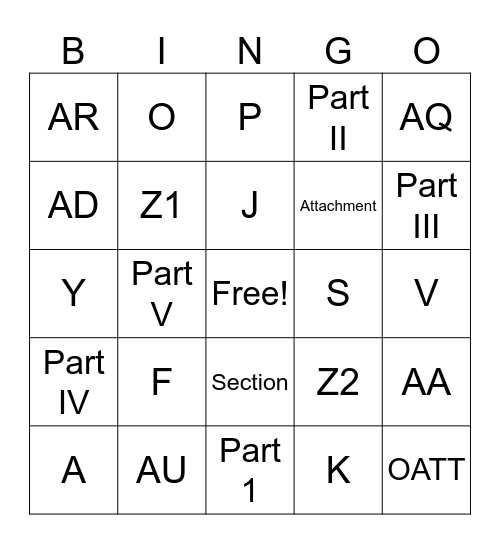 Tariff Attachments Bingo Card