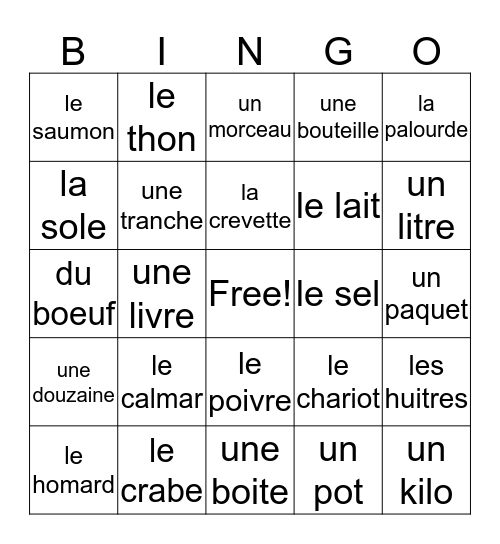 Chap 3, Vocab. 2 French 2 Bingo Card