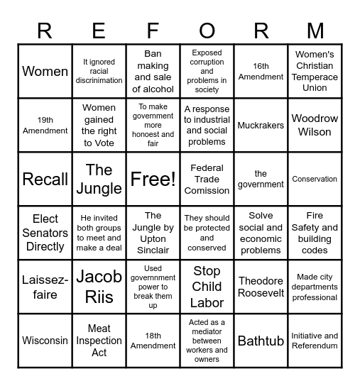 Progressive Era Bingo Card
