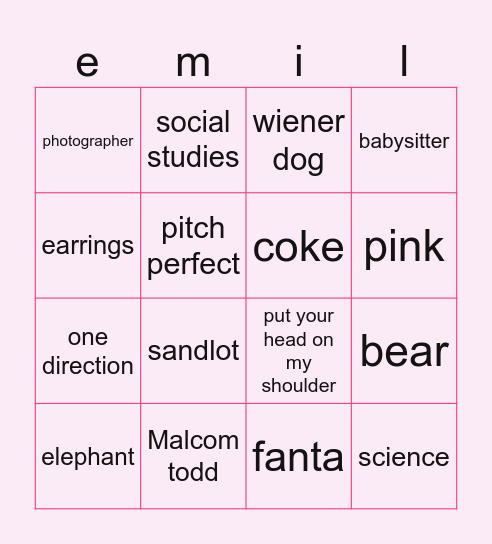 Emily beans Bingo Card