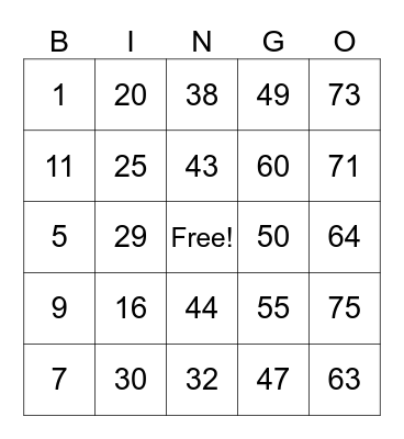 ASL NUMERICAL BINGO Card