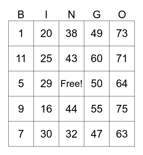 ASL NUMERICAL BINGO Card