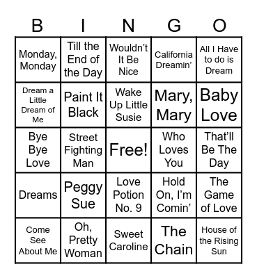 60's and 70's Music Bingo Card