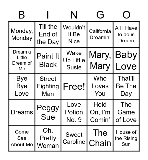 60's and 70's Music Bingo Card