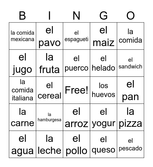 Comidas y Bebidas Bingo Card