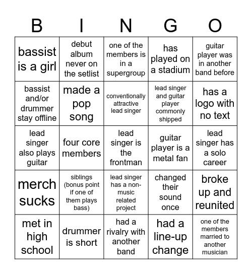 band cliches Bingo Card