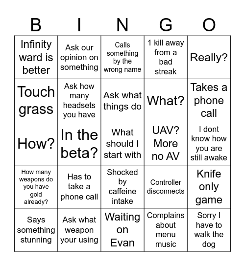 Evan Bingo Card