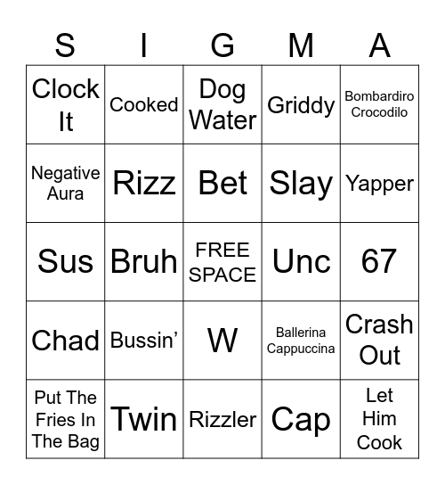 Brain Rot Bingo Card