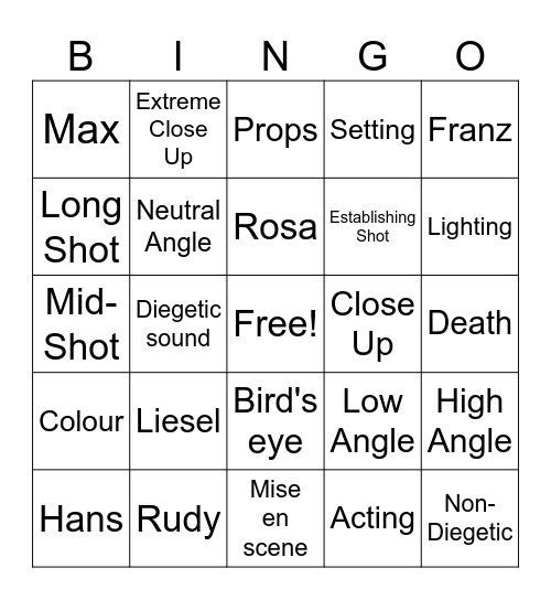 The Book Thief Bingo Card