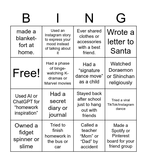Back to Bachpan Bingo Card