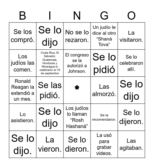BINGO cultural con pronombres de objetos Bingo Card