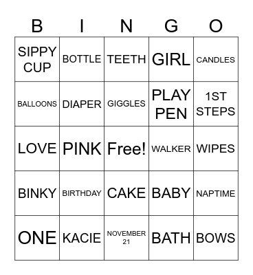 Kacie's 1st Birthday Bingo Card
