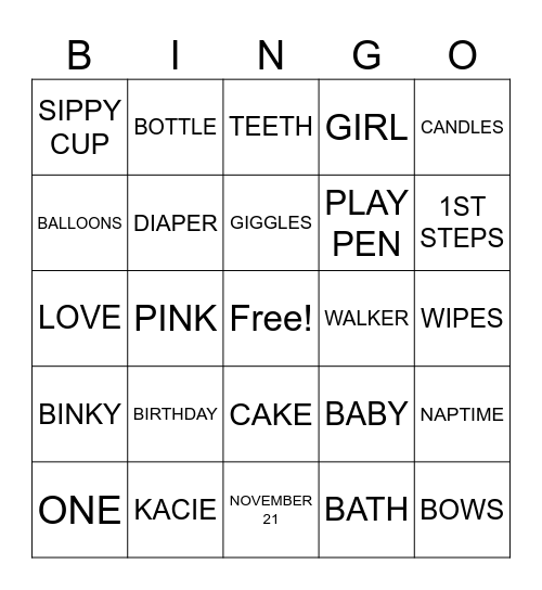 Kacie's 1st Birthday Bingo Card