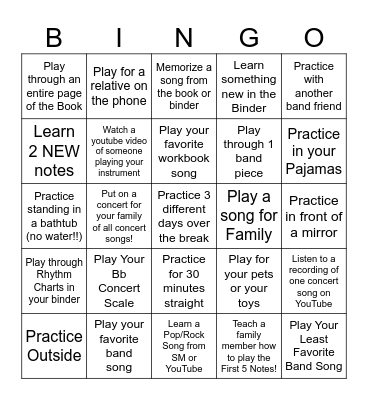 Thanksgiving Break Band Bingo Card