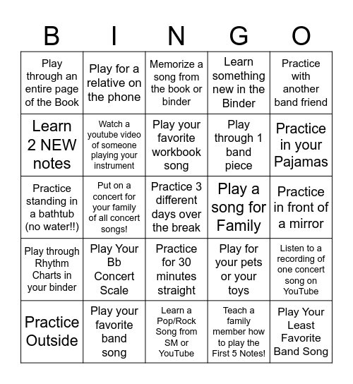 Thanksgiving Break Band Bingo Card