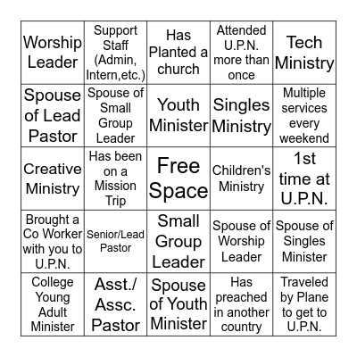 UNITED PASTORS NETWORK 2013 Bingo Card
