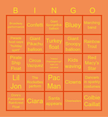 Macy's Thanksgiving Day Parade Bingo Card