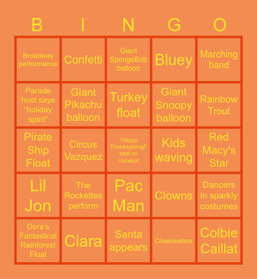 Macy's Thanksgiving Day Parade Bingo Card