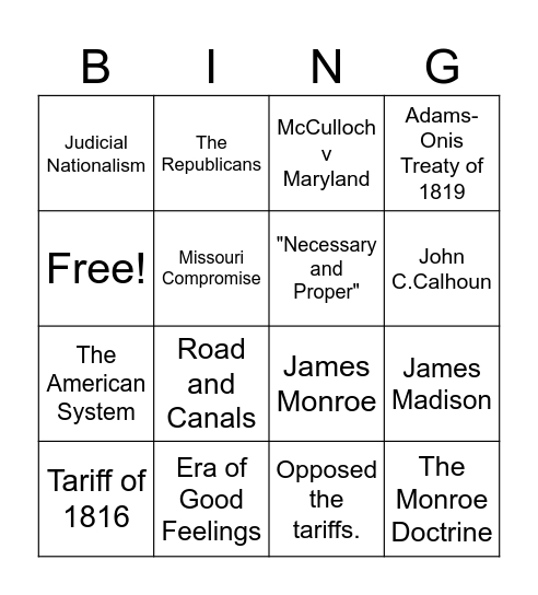 New Nationalism Bingo Card