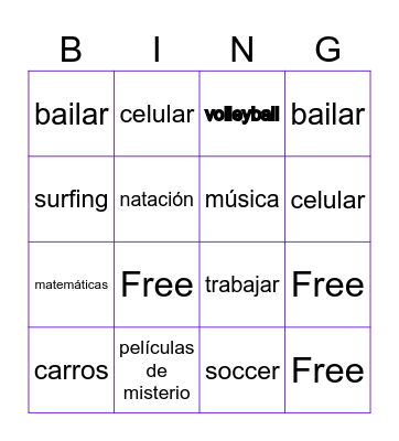 Pasatiempos Favoritos o algo que te gusté Bingo Card