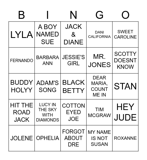 SONGS WITH NAMES IN IT Bingo Card