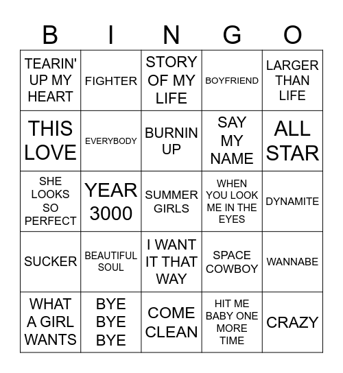 BOY BAND ERA Bingo Card