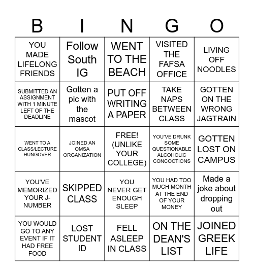 BINGO: COLLEGE EDITION Bingo Card