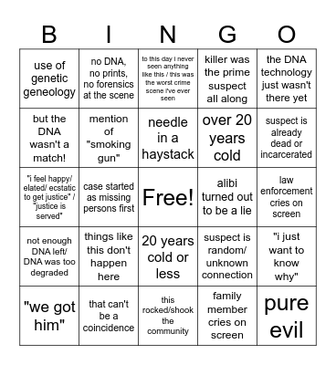 Cold Case Bingo Card