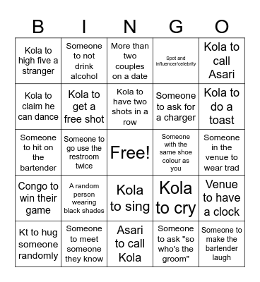 KT's bachelor party Bingo Card