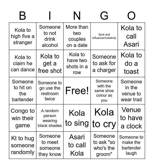 KT's bachelor party Bingo Card