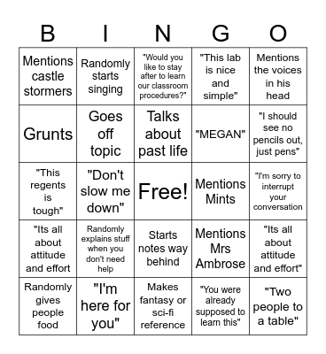 Mr T Bingo 4th Period Bingo Card