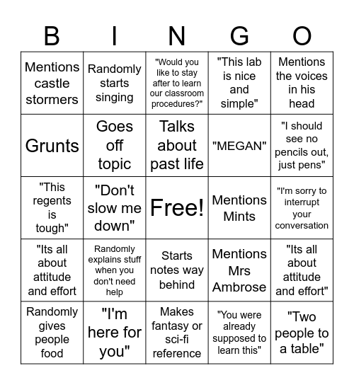 Mr T Bingo 4th Period Bingo Card