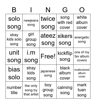 j / kpop playlist Bingo Card