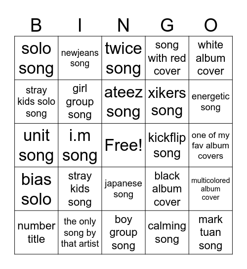 j / kpop playlist Bingo Card