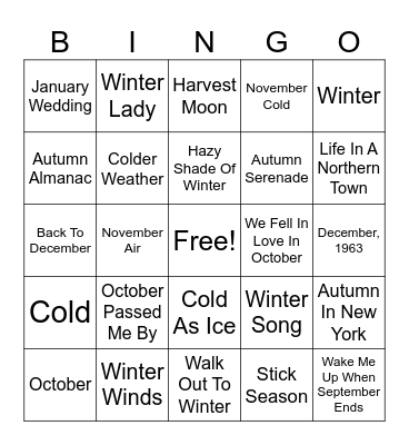 Sweater Weather Bingo Card