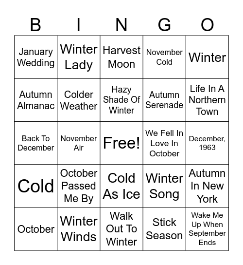 Sweater Weather Bingo Card