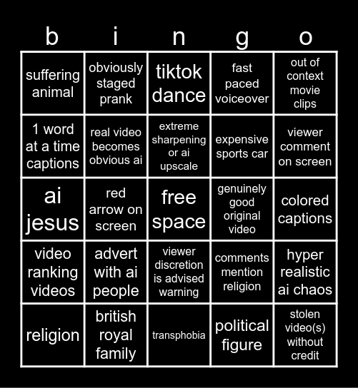 incognito youtube shorts scroll Bingo Card