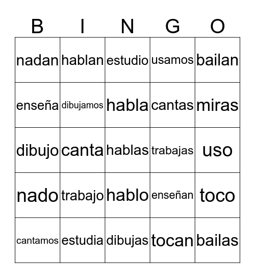 Los verbos -ar Bingo Card