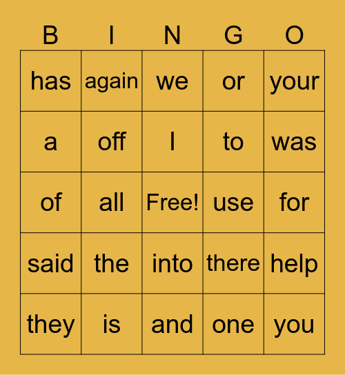 Level 1 sight word BINGO Card