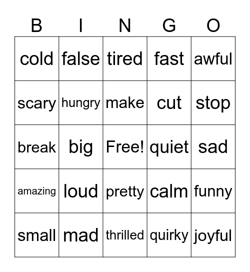 Synonym Bingo Card