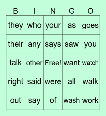 Level 2 Bingo Trick Words Bingo Card