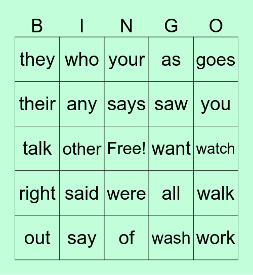 Level 2 Bingo Trick Words Bingo Card