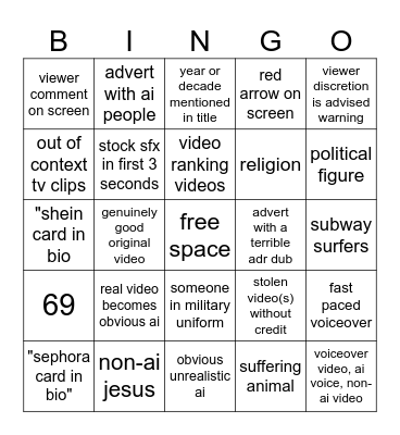 youtube shorts incognito bingo Card