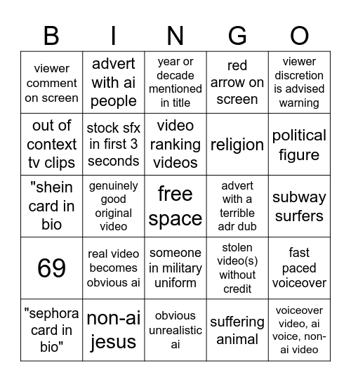 youtube shorts incognito bingo Card