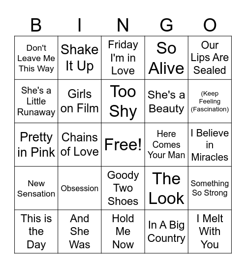 D3 - 80s Alternative Bingo Card